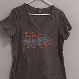 Harley-Davidson Women's Charcoal V-Neck Tee with Blue and Orange Graphic